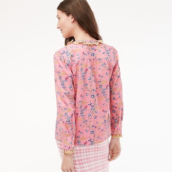 J. Crew Liberty Wheat Bouquet Pink Floral Blouse with Yellow Trim - Picture 3 of 8